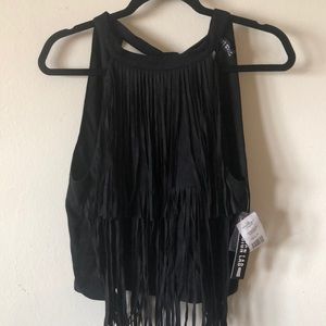 A micro suede fringe Halter top.